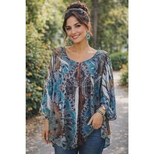 One World Women's Boho Paisley Peasant Teal Multi Print Flowy Festival Blouse XL